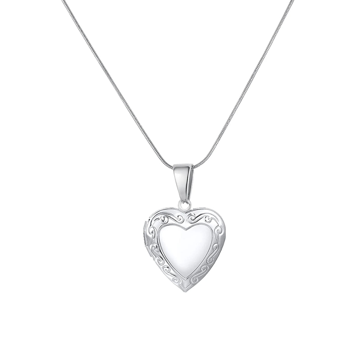 Silver heart pendant necklace with heart-shaped cutout center on silver chain
