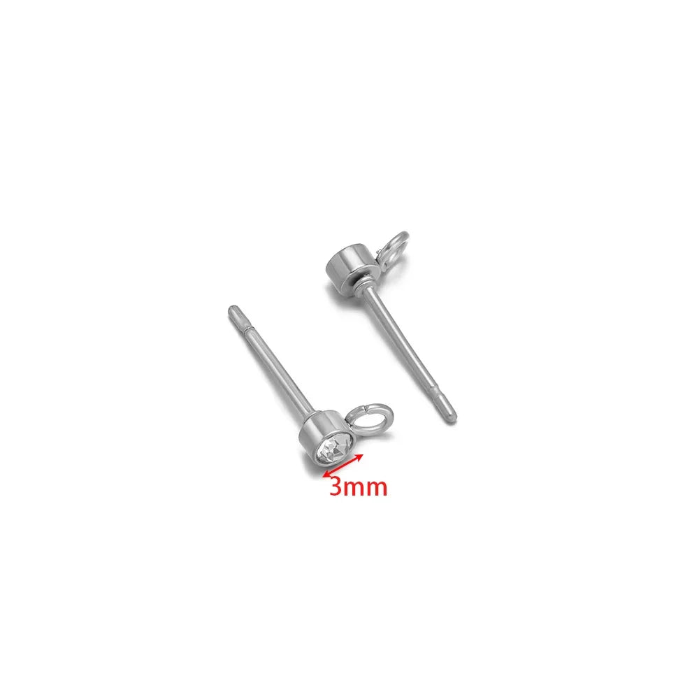 Silver-tone zircon stud earring posts, 3mm round crystal, loop backs