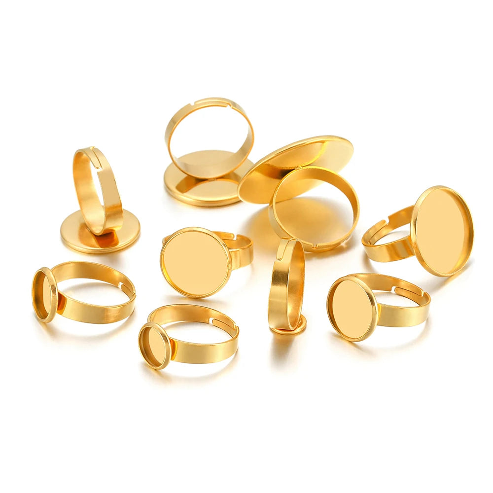 Gold adjustable cabochon ring bezel settings with open backs, round blank base