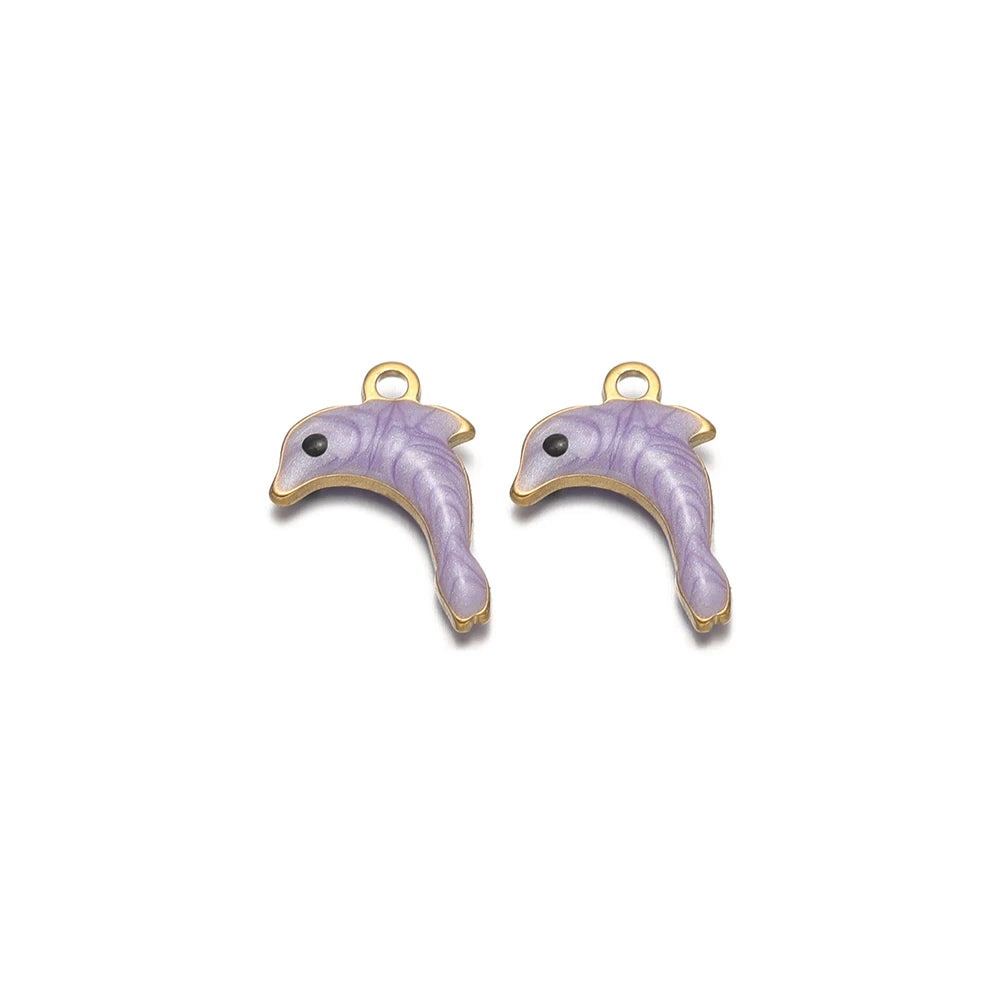 Pair of purple enamel dolphin charms with gold-tone loop and black eye details