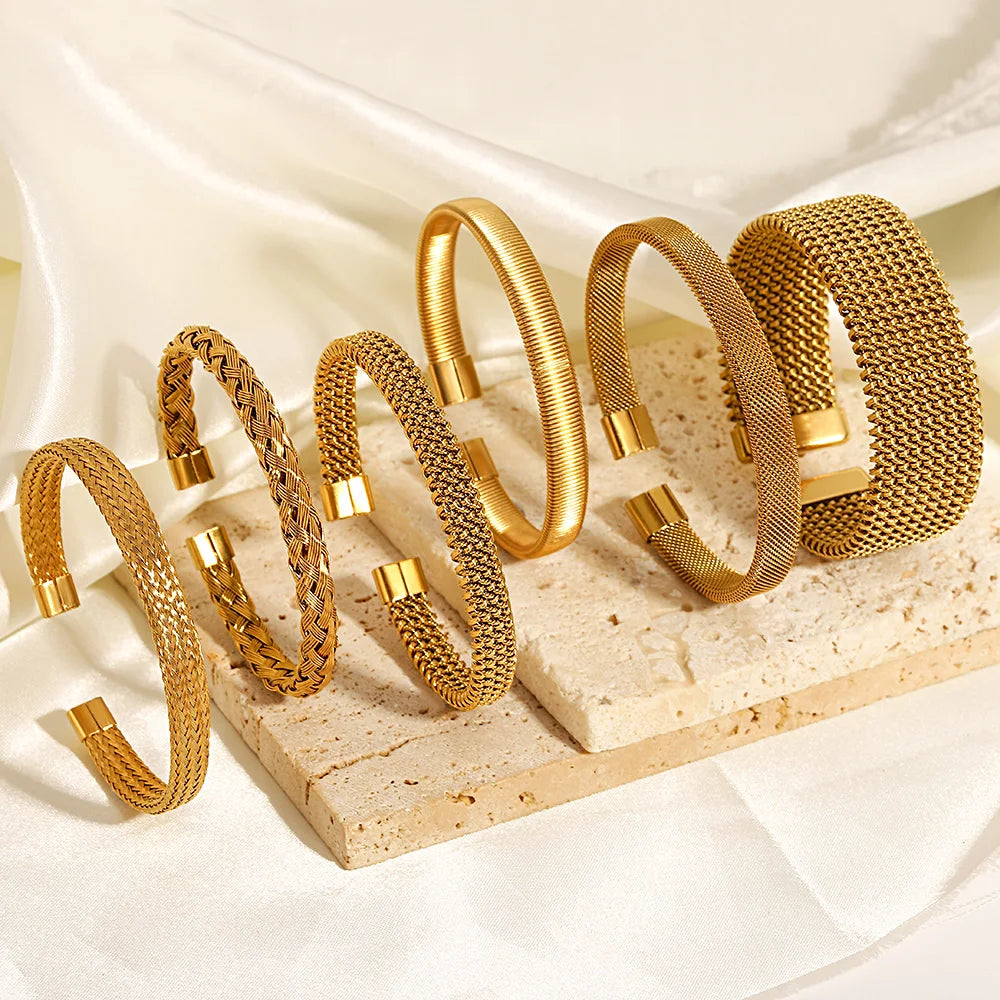 Vintage Gold Plated Stainless Steel Weave Bracelet for Women Men Exquisite Chunky Cuff Bangle Bracelets Waterproof Jewelry