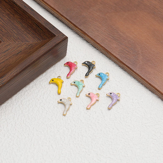 Enamel dolphin charm set with mixed colors, small dangle shapes with metal loops
