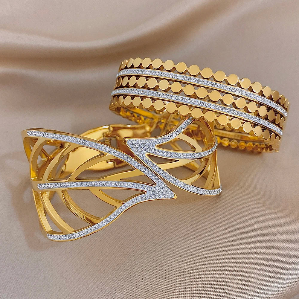 Exaggerated Geometric Zircon Leaf Cuff Bangle Exquisite Gold Plated Stainless Steel Chunky Bracelets Waterproof Jewelry Set