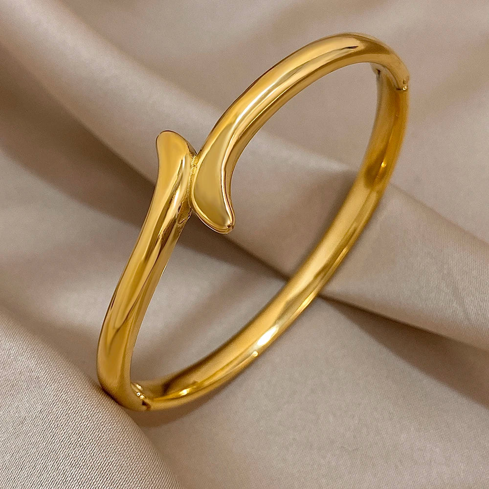 Minimalist Glossy Stainless Steel Cuff Bangle Bracelet for Women Fashion Gold Plated Smooth Bracelets Waterproof Jewelry