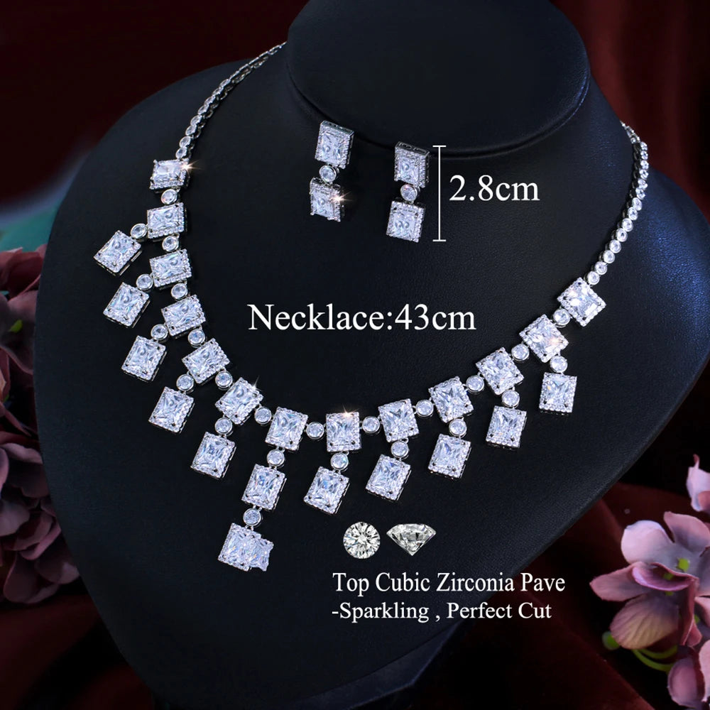 CZ crystal square tassel necklace and earrings set