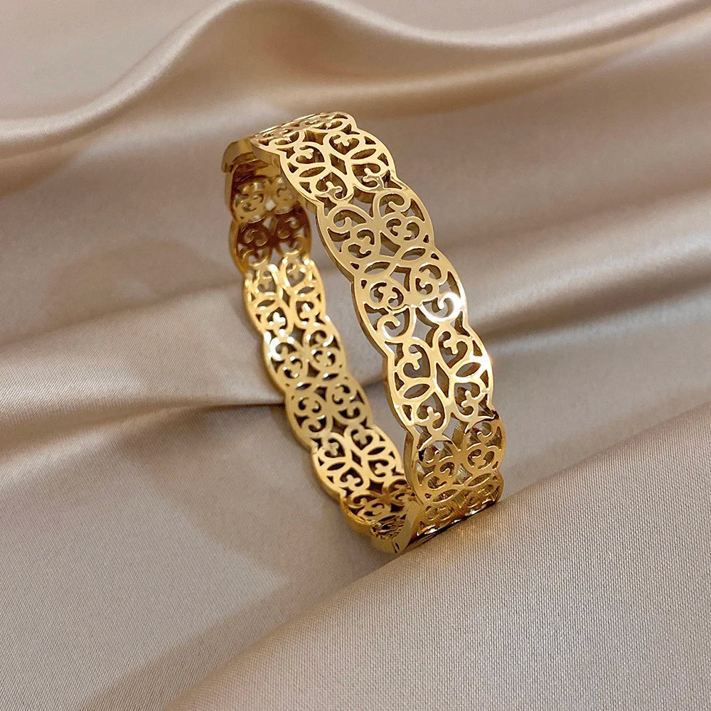 Vintage Gold Plated Stainless Steel Cuff Bangle Bracelets for Women Glossy Hollow Carved Flower Wide Bangles Waterproof Jewelry