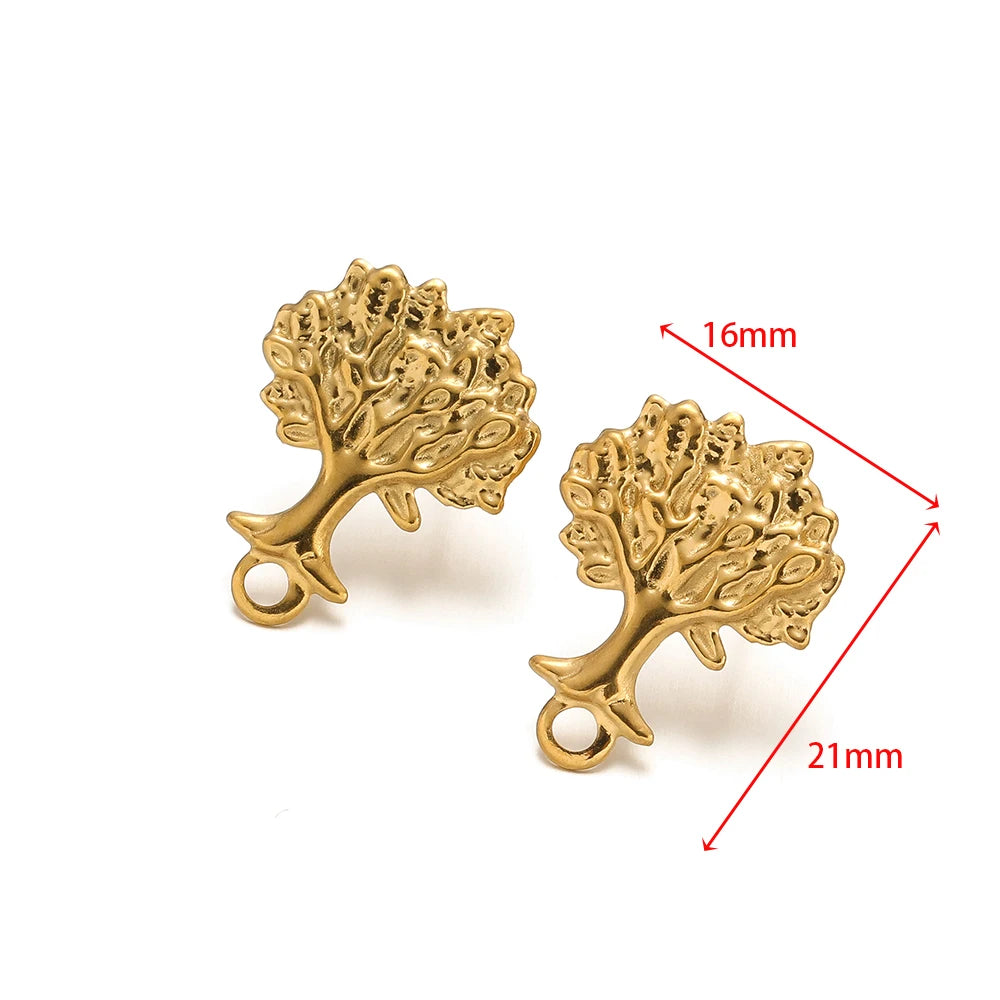 Gold sunflower stud earring charms, 16mm by 21mm shown, loop back hooks, pair