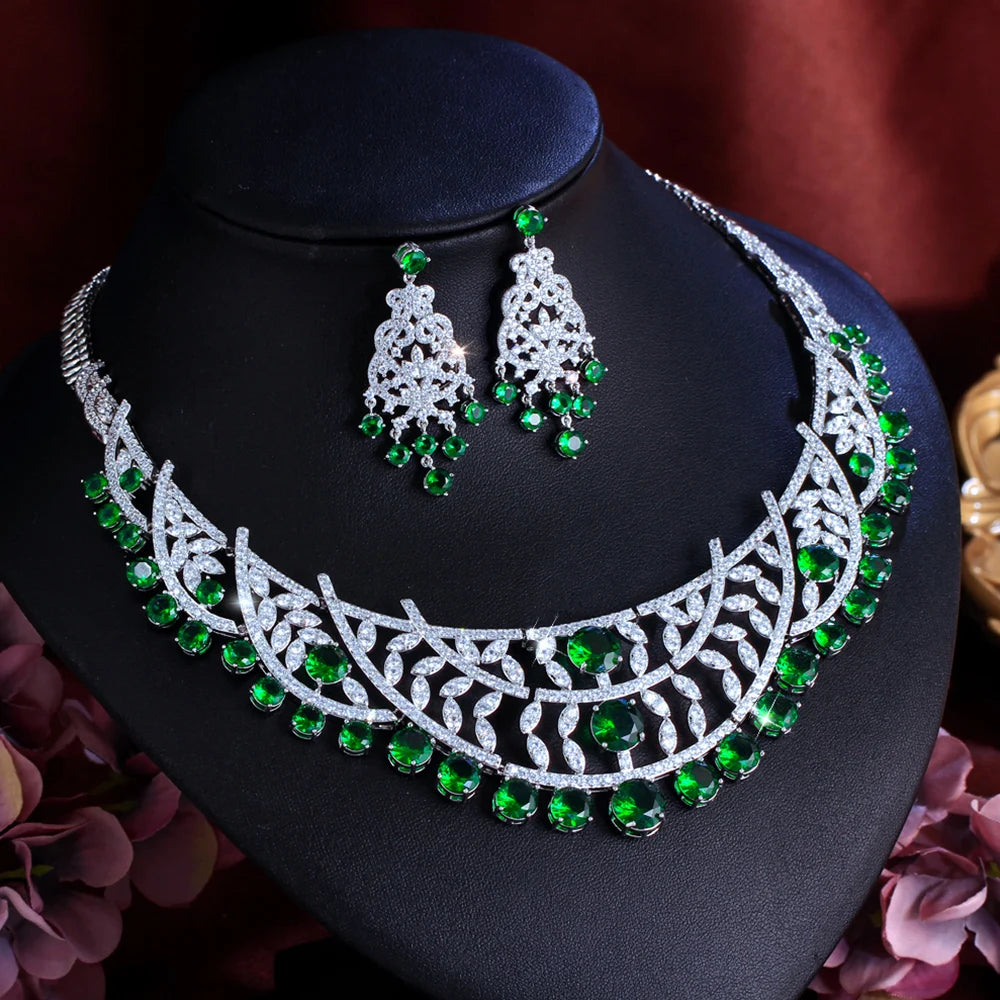 Cubic zirconia necklace and drop earring set, silver-tone with green stones