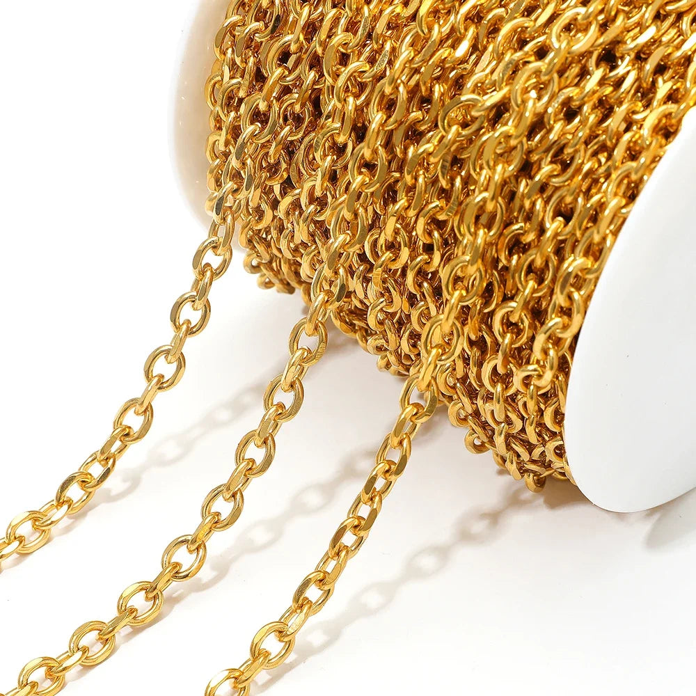 Gold O-link chain by the yard on white spool, small interlocking oval links