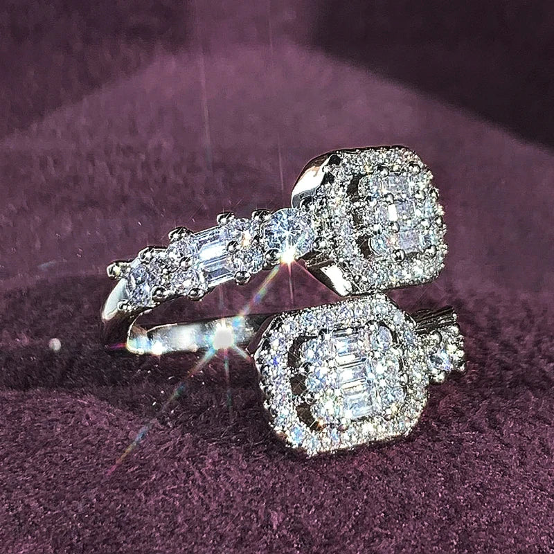 Luxury Silver Color Shiny Zirconia Opening Ring