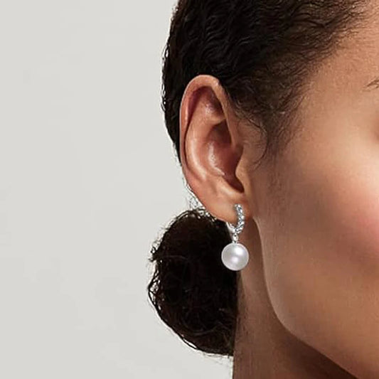 Silver-tone zirconia hoop earrings with dangling round pearl drop