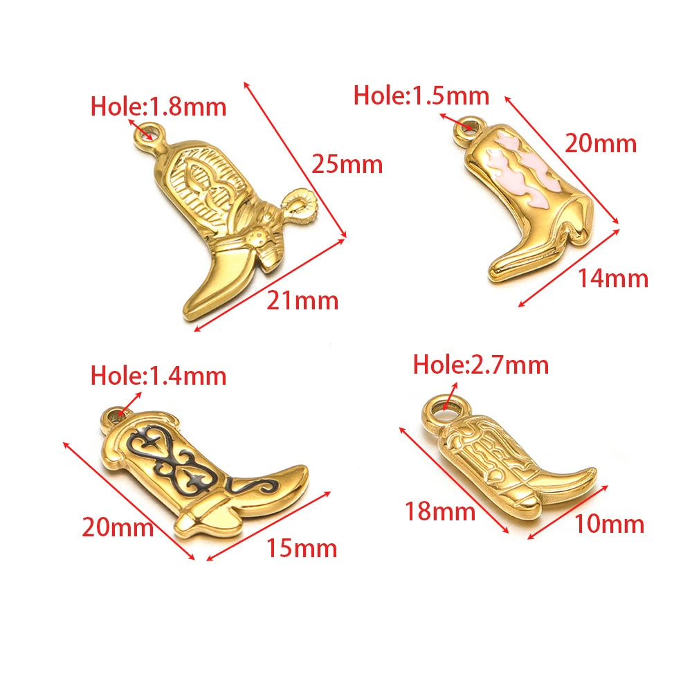 Assorted cowboy boot charm pendants with enamel, showing various sizes and hole openings