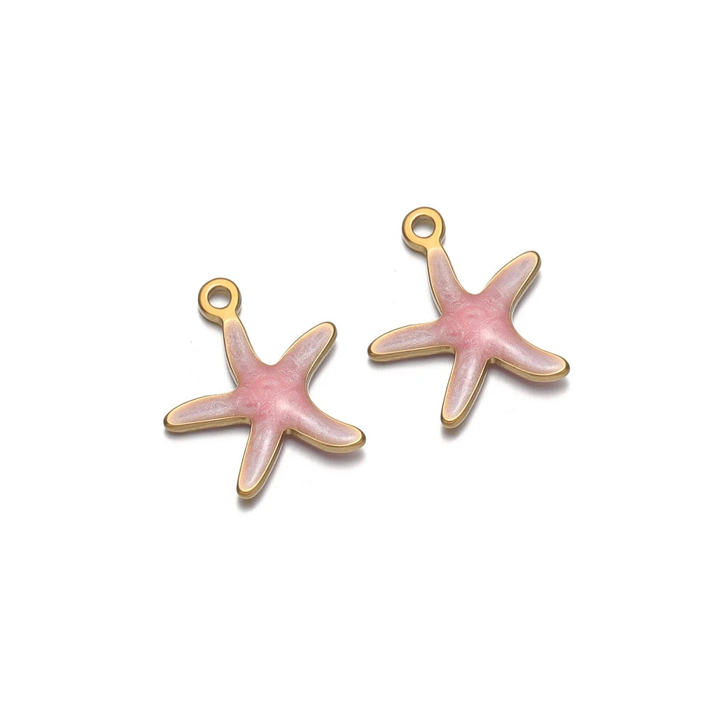 Pink starfish charm pendants with gold loop, pair for DIY necklace or earring