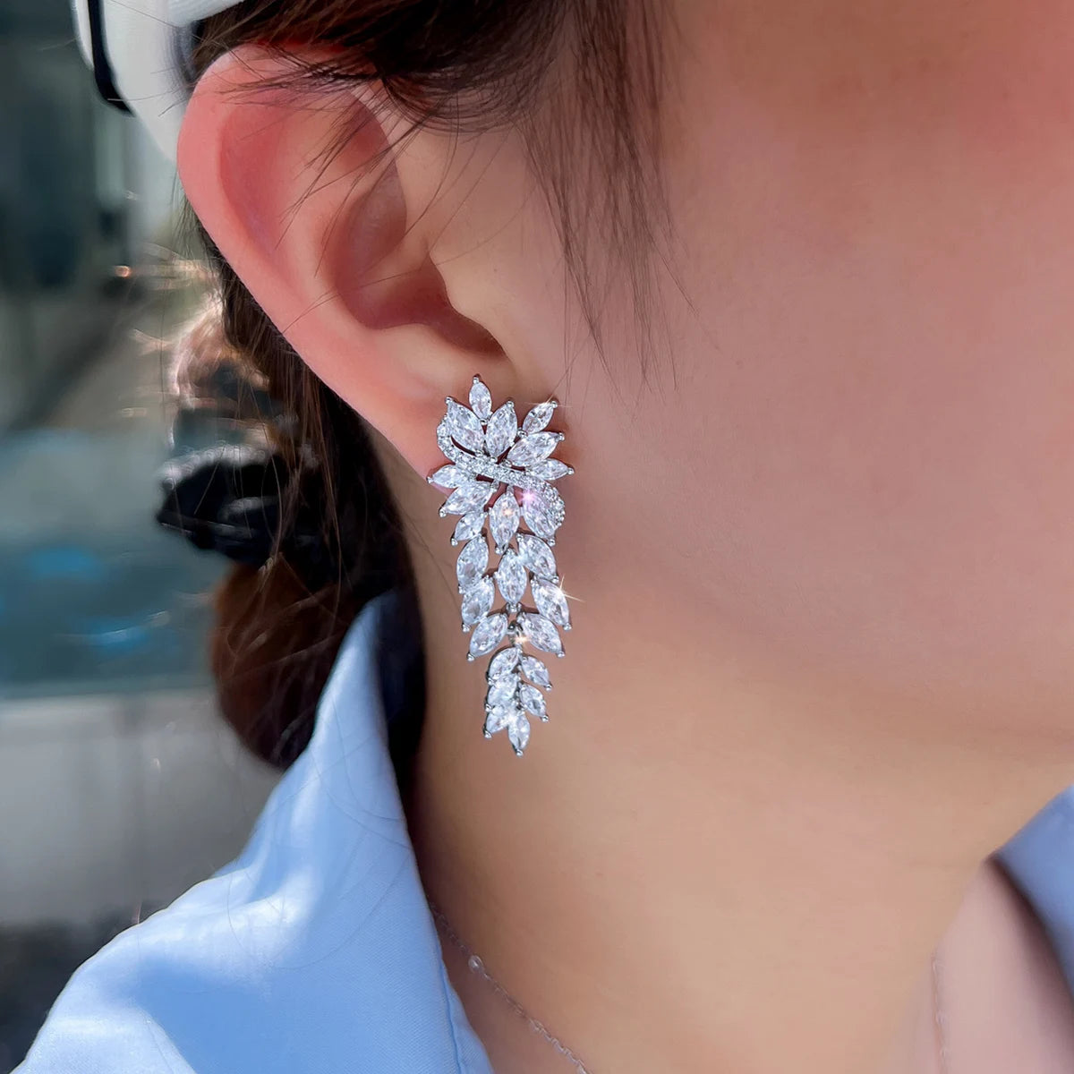 Fashion Full Cubic Zirconia Leaf Long Dangle Earrings CZ Wedding Prom Jewelry For Women