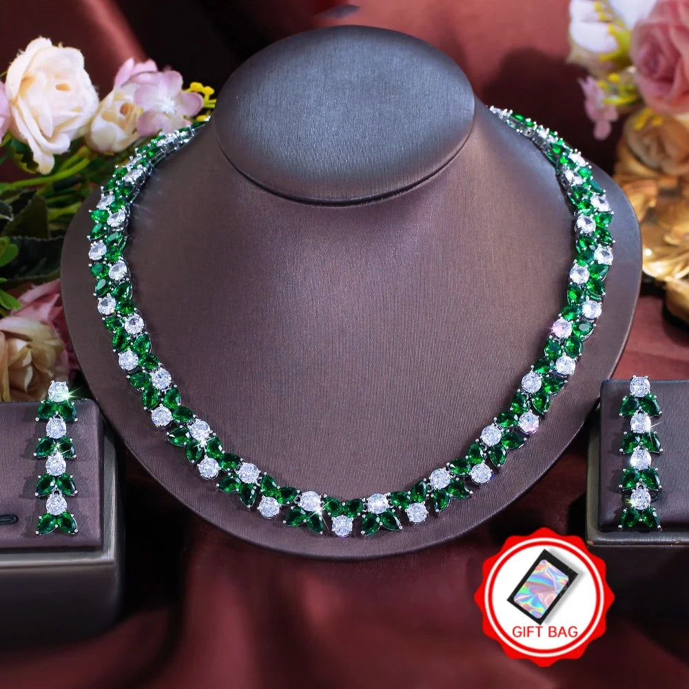Green and clear zirconia leaf necklace with matching drop earrings