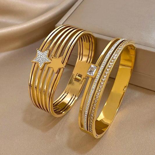 Rhinestone Star Layered Wristband Bangle Chunky Jewelry Gold Color Stainless Steel Cuff Bracelet for Women