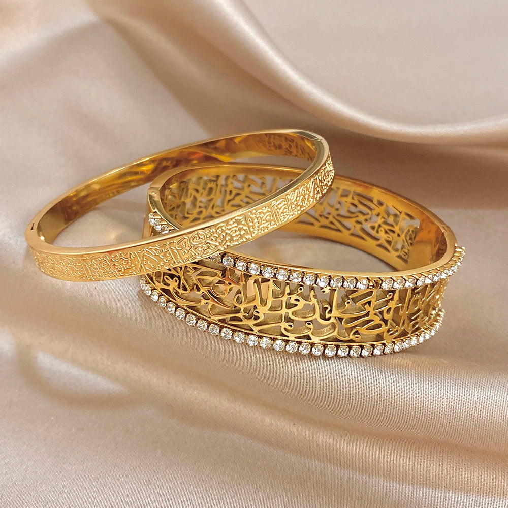 Retro Gold Plated Stainless Steel Cuff Bangle for Women Unique Zircon Geometric Textured Stackable Bracelets Waterproof Jewelry