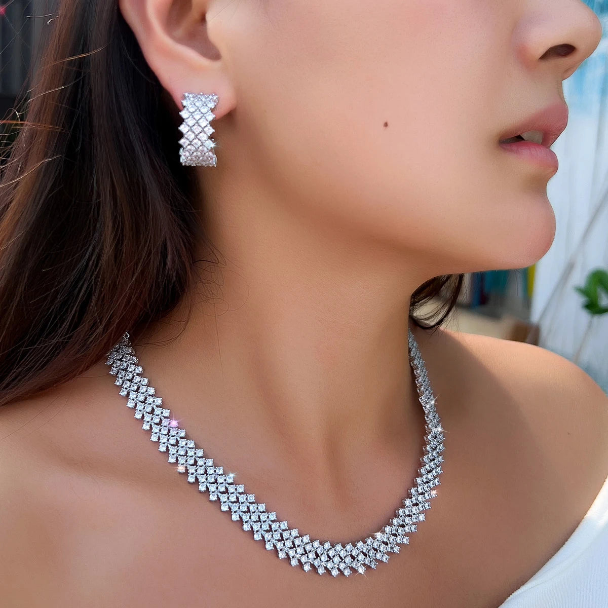 CWWZircons Gorgeous Shiny Cubic Zirconia Round Hoop Earrings Necklace Sets for for Women Wedding Party Jewelry Accessories T0712