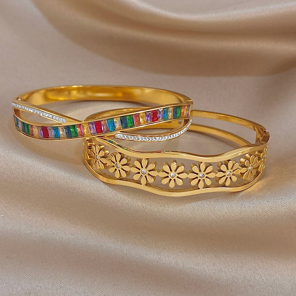 Delicate Colorful Zircon Flower Wave Wide Bracelet for Women Trendy Gold Plated Stainless Steel Cuff Bangles Waterproof Jewelry