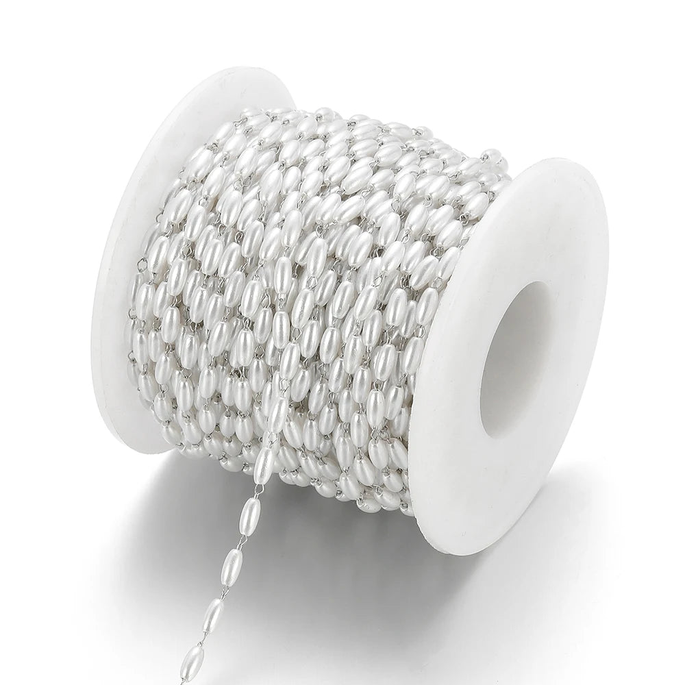 Pearl bead chain on white spool, white oval beads with silver-tone metal links