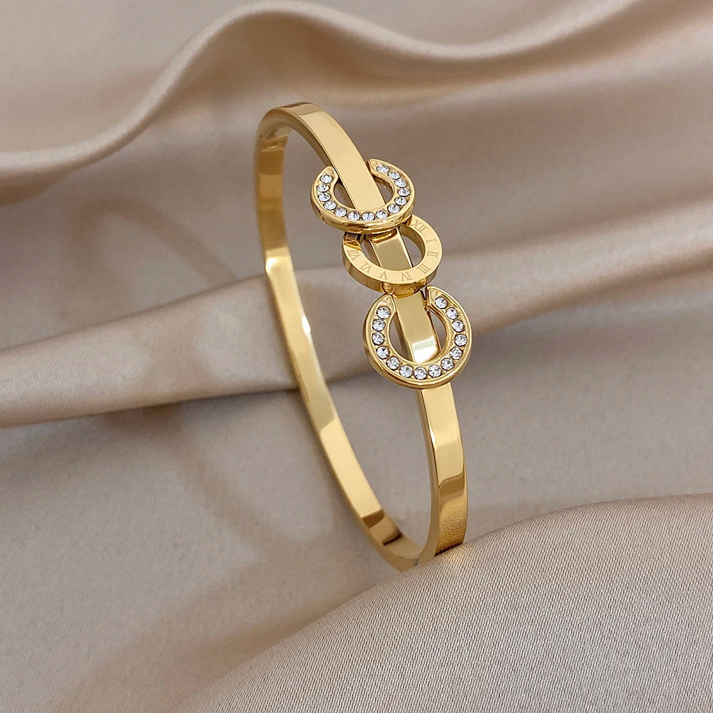 Glossy Gold Plated Stainless Steel Cuff Bangle for Women Trendy Micro Inlaid Zircon Stackable Bracelets Waterproof Jewelry