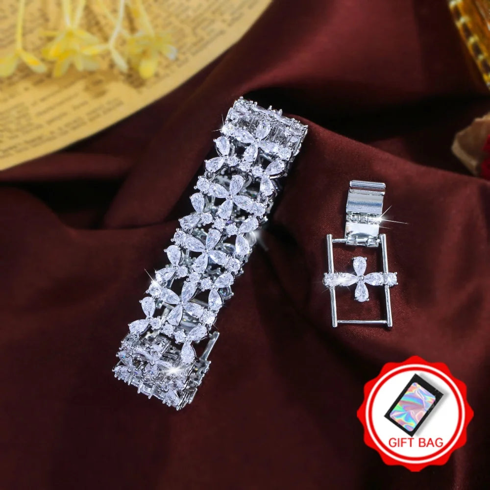 Clear floral crystal tennis bracelet with a matching extension clasp