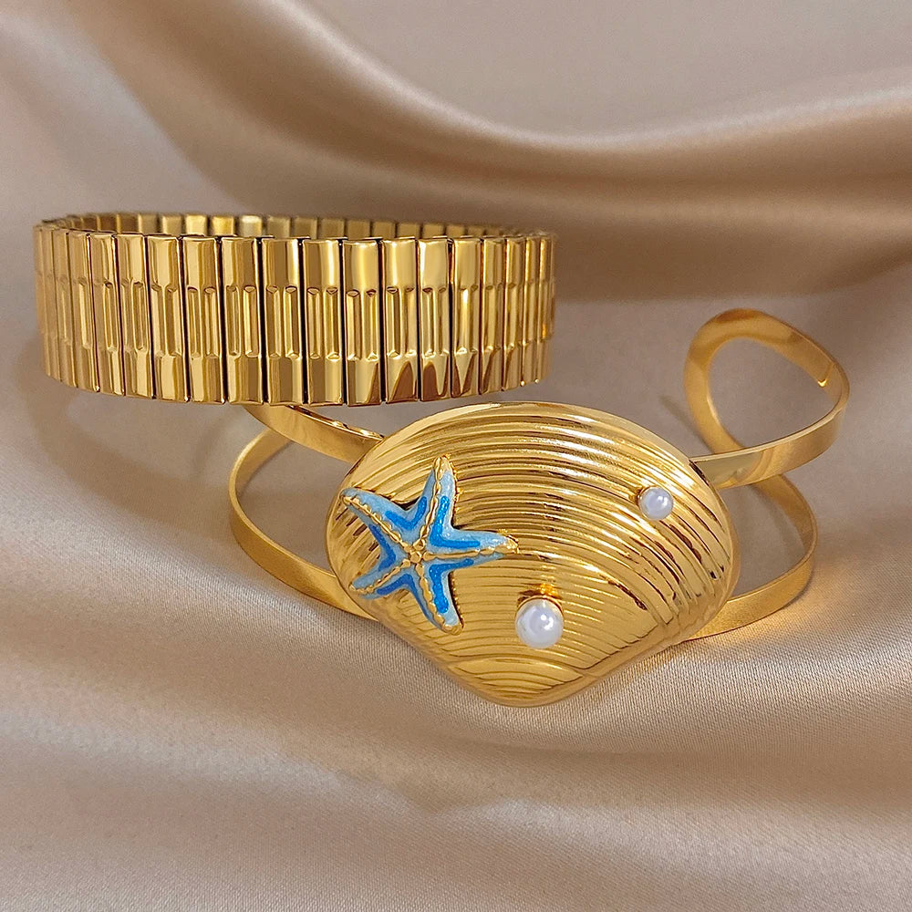 Fashion Gold Plated Stainless Steel Bracelet for Women High Quality Starfish Seashells Cuff Bangle Bracelets Waterproof Jewelry