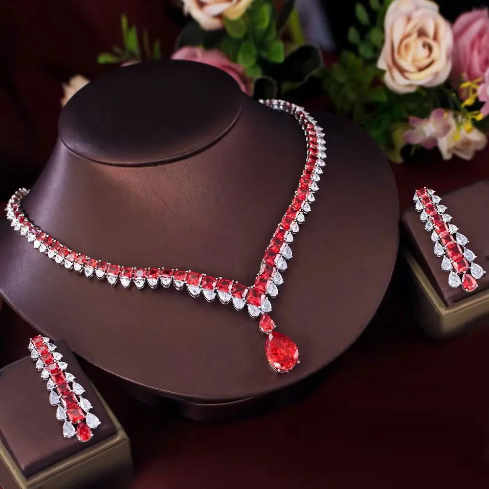 Red and clear cubic zirconia V necklace with teardrop pendant and matching drop earrings