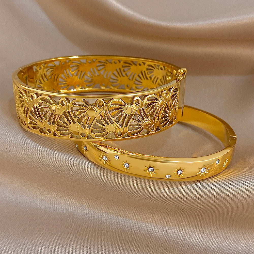 Retro Geometric Hollow Textured Zircon Cuff Bangle Exquisite Gold Plated Stainless Steel Wrist Bracelets Waterproof Jewelry Set