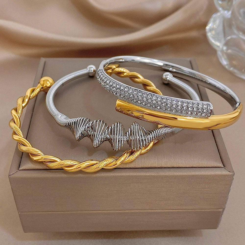 Trendy Gold Silver Color Stainless Steel Cuff Bangle for Women Unique Geometric Spiral Chunky Bracelets Waterproof Jewelry