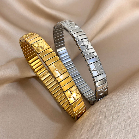 Trendy Star Textured Stainless Steel Bracelet for Women Men Adjustable Elastic Watchband Bangle Bracelets Waterproof Jewelry
