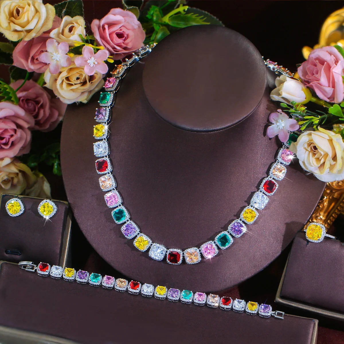 Multicolor CZ necklace and bracelet with matching stud earrings, silver-tone jewelry set