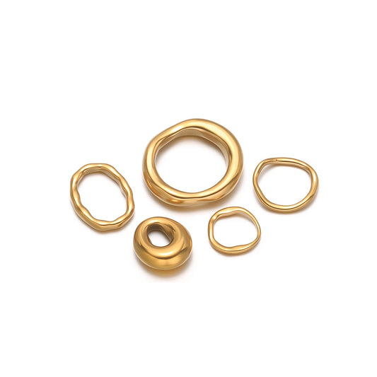 Set of five gold-tone metal loop charms, round open rings and bead links
