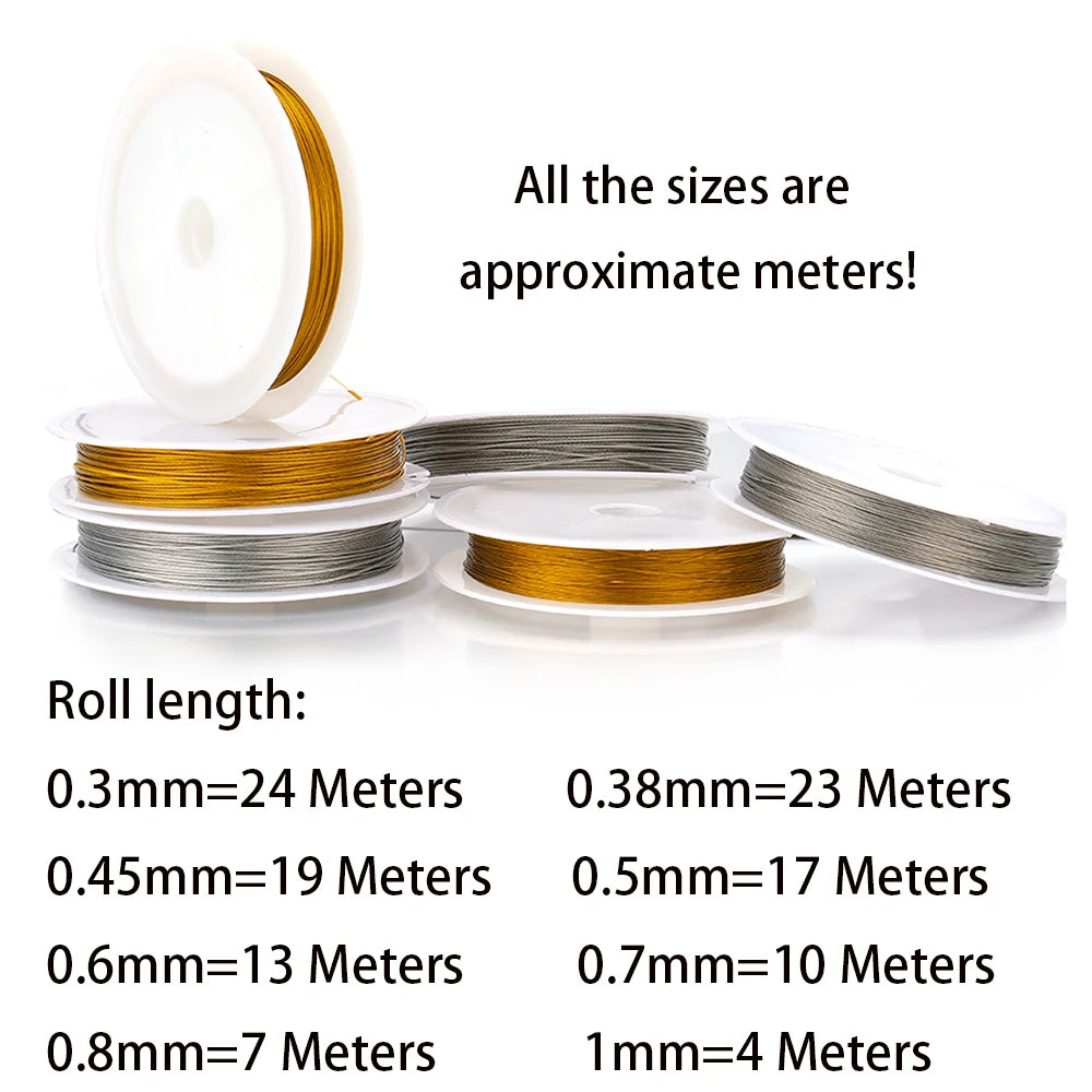 Stainless steel beading wire cords on spools with gold and steel colors