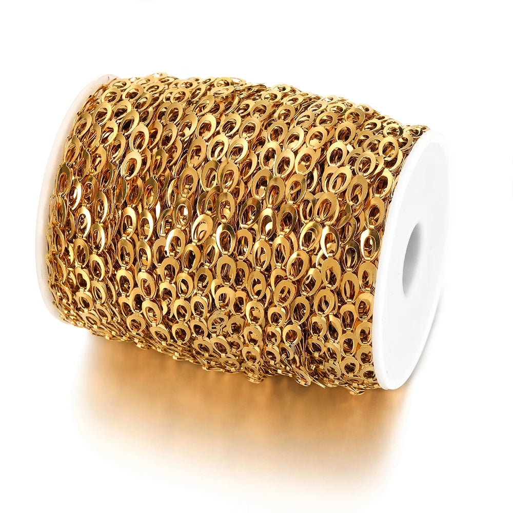 Gold hollow teardrop chain link roll, 5mm, stainless steel DIY jewelry making