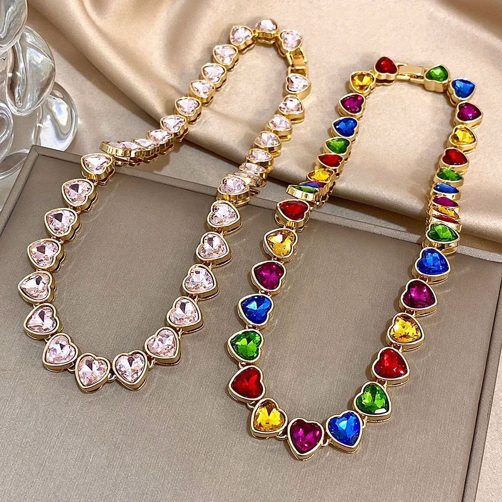 Gold-tone heart zircon link chain choker with pink heart stones