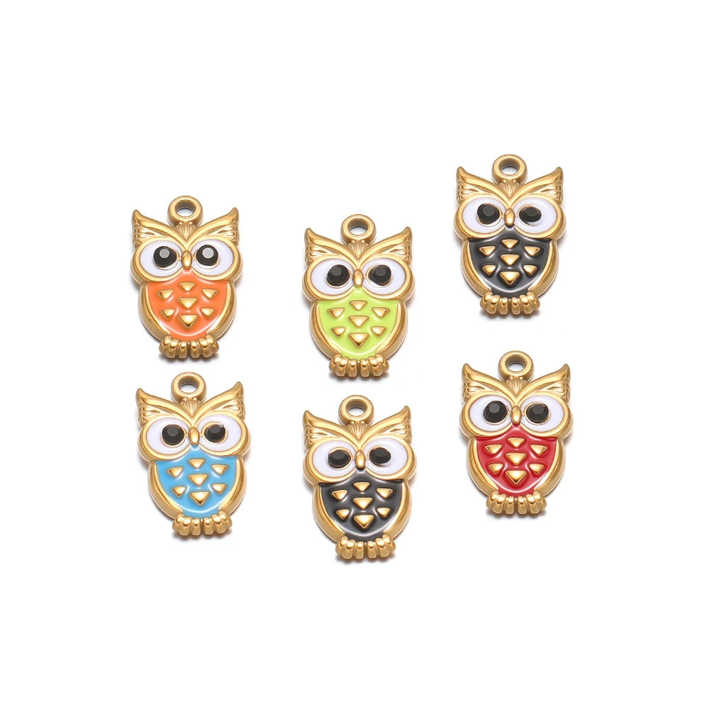 Enamel owl charm pendants, gold-tone frames with multicolor belly enamel and top loops