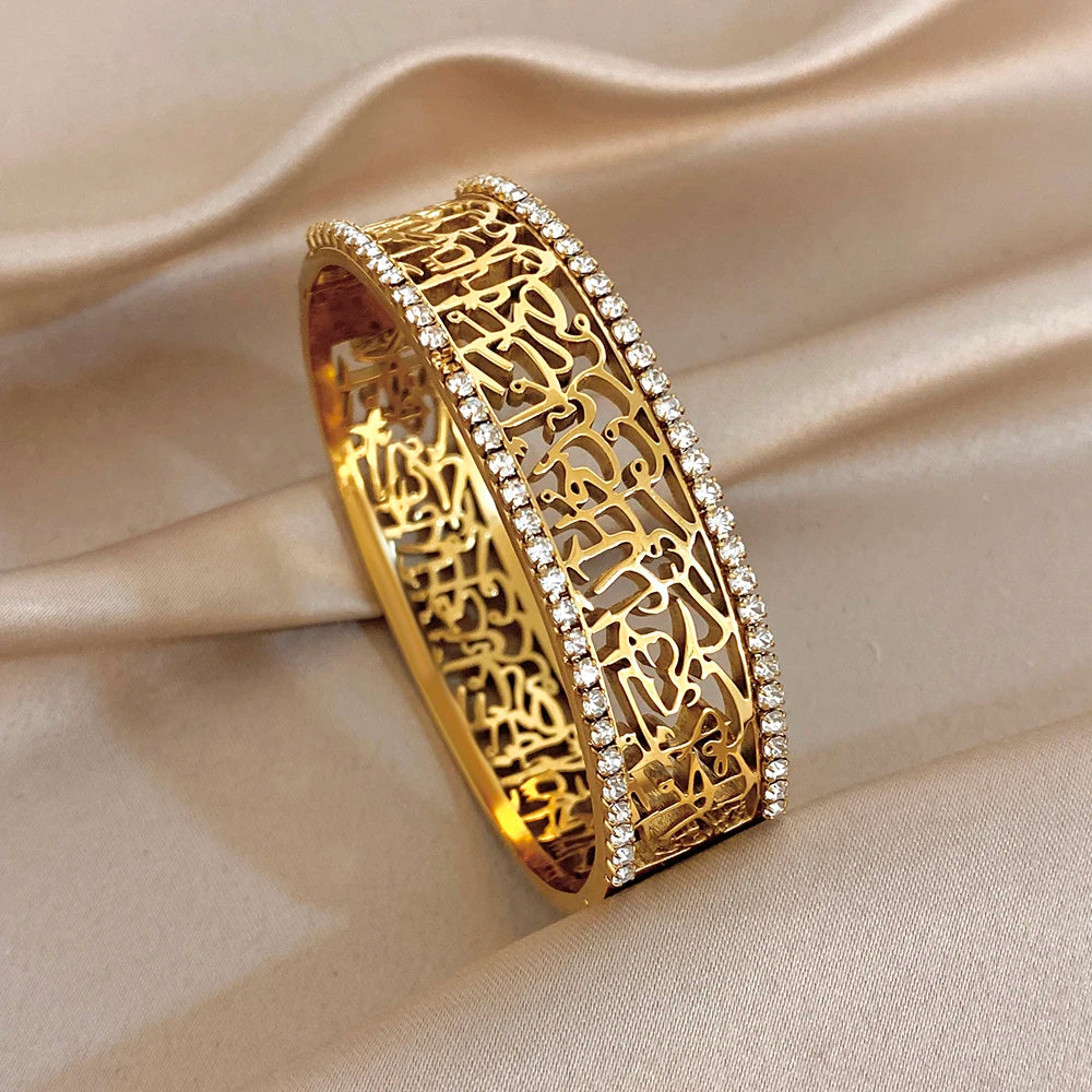 Retro Gold Plated Stainless Steel Cuff Bangle for Women Unique Zircon Geometric Textured Stackable Bracelets Waterproof Jewelry
