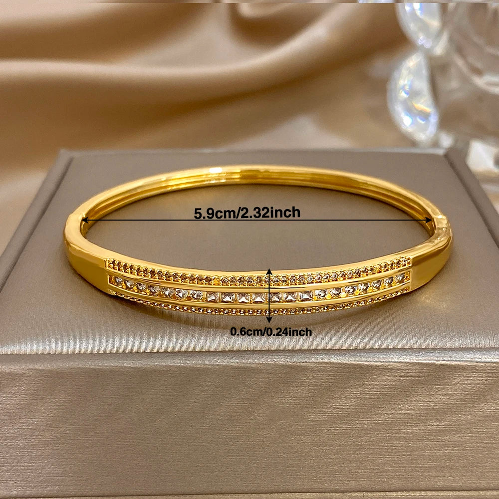 Gold-plated wide cuff bangle, 5.9cm/2.32in length; micro zircon inlaid bands