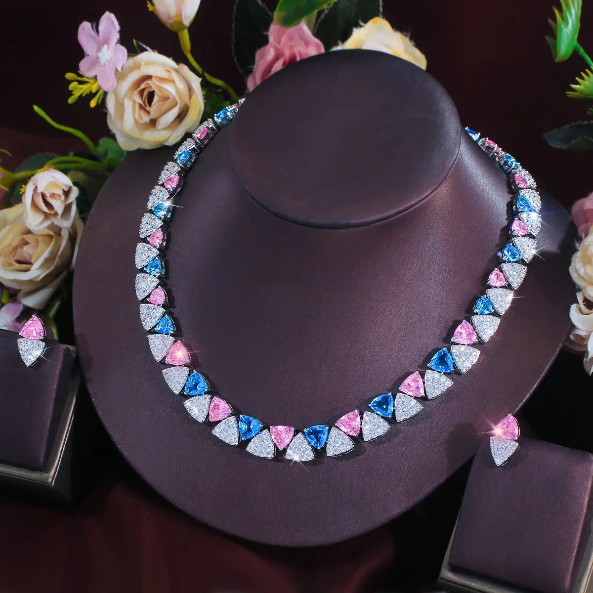 Blue, pink, and clear triangle cubic zirconia necklace and matching earrings set