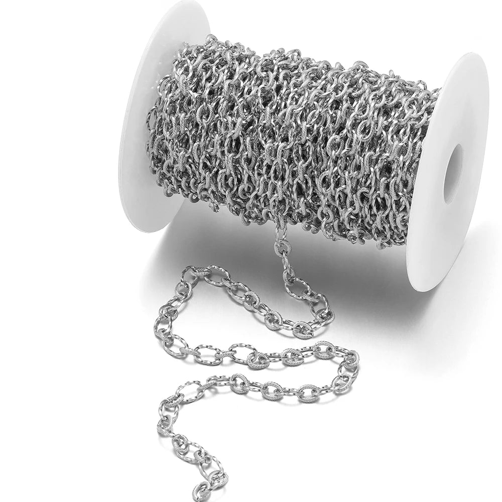Silver stainless steel rolo cable chain on a spool, oval links, bulk jewelry chain