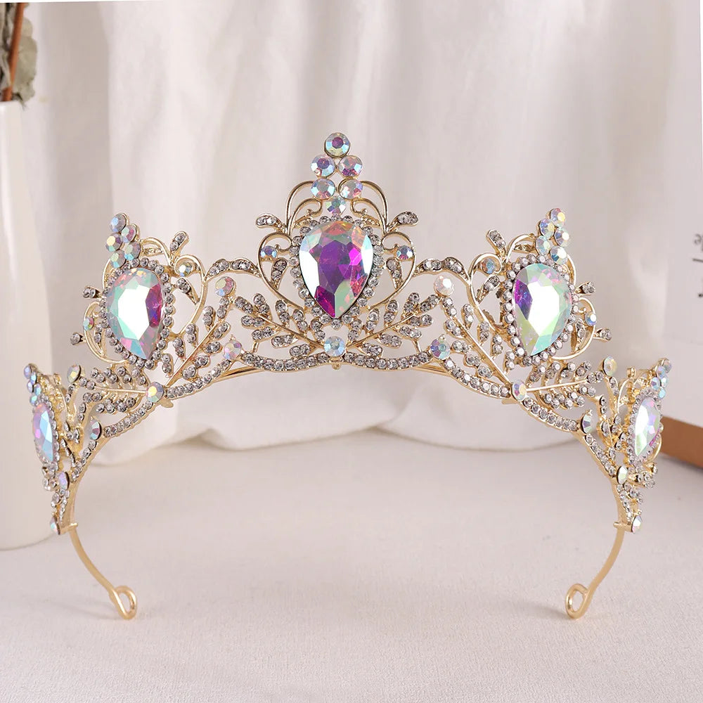Gold bridal tiara with iridescent AB rhinestone crown and faceted center stone