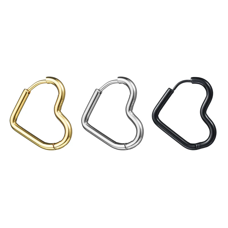 Heart-shaped glossy hoop earrings in gold, silver, and black stainless steel