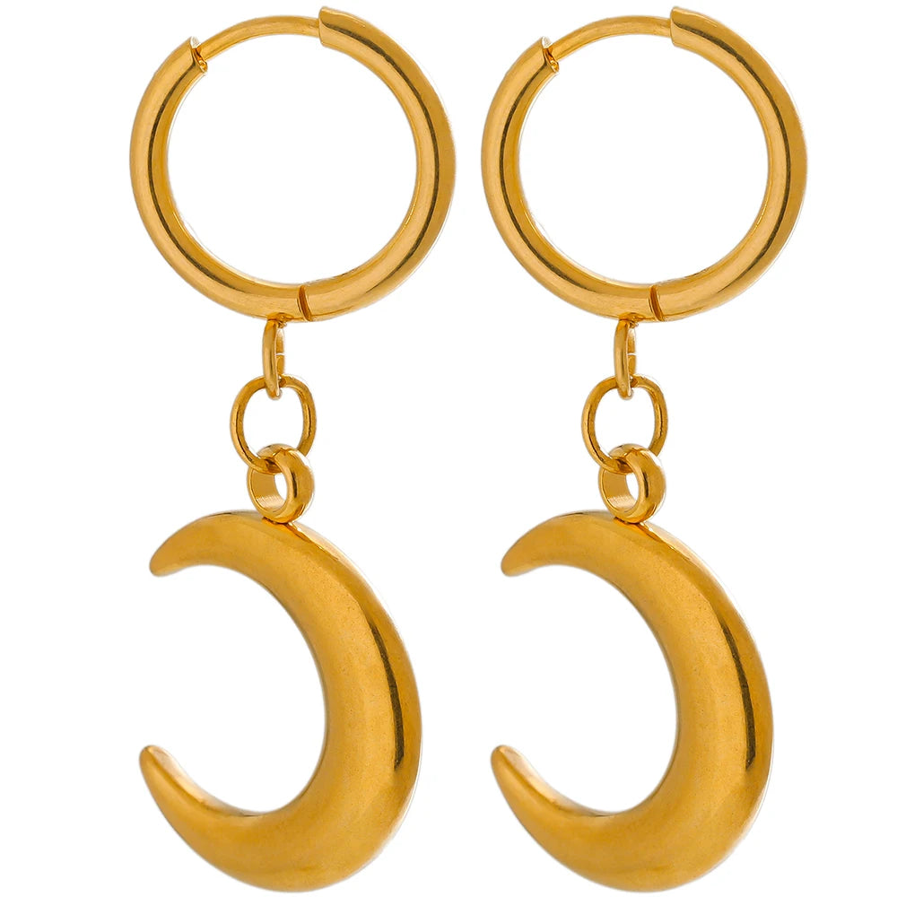 Gold-tone huggie hoop earrings with loop posts and attached crescent dangle charms.