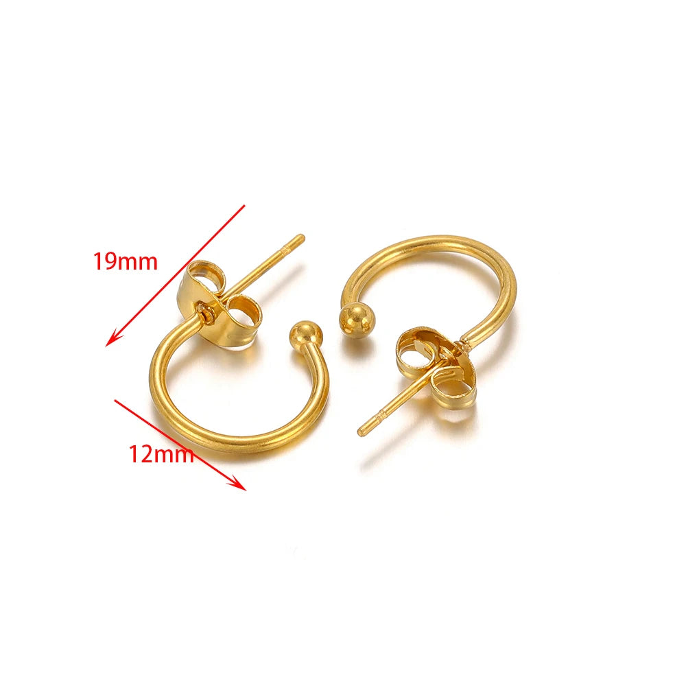 Gold C-shaped earring hook connectors with pins; loop 19mm, bar 12mm