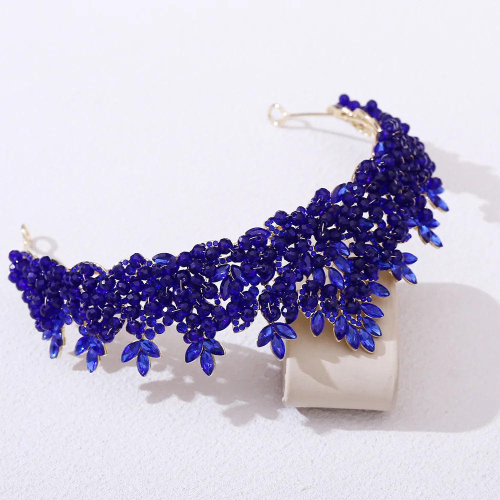 Large bridal tiara with royal blue crystal flower fringe and gold-tone frame