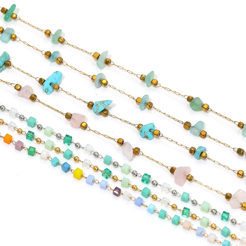 Irregular glass bead link chain necklace with mixed pastel beads and gold-tone connectors