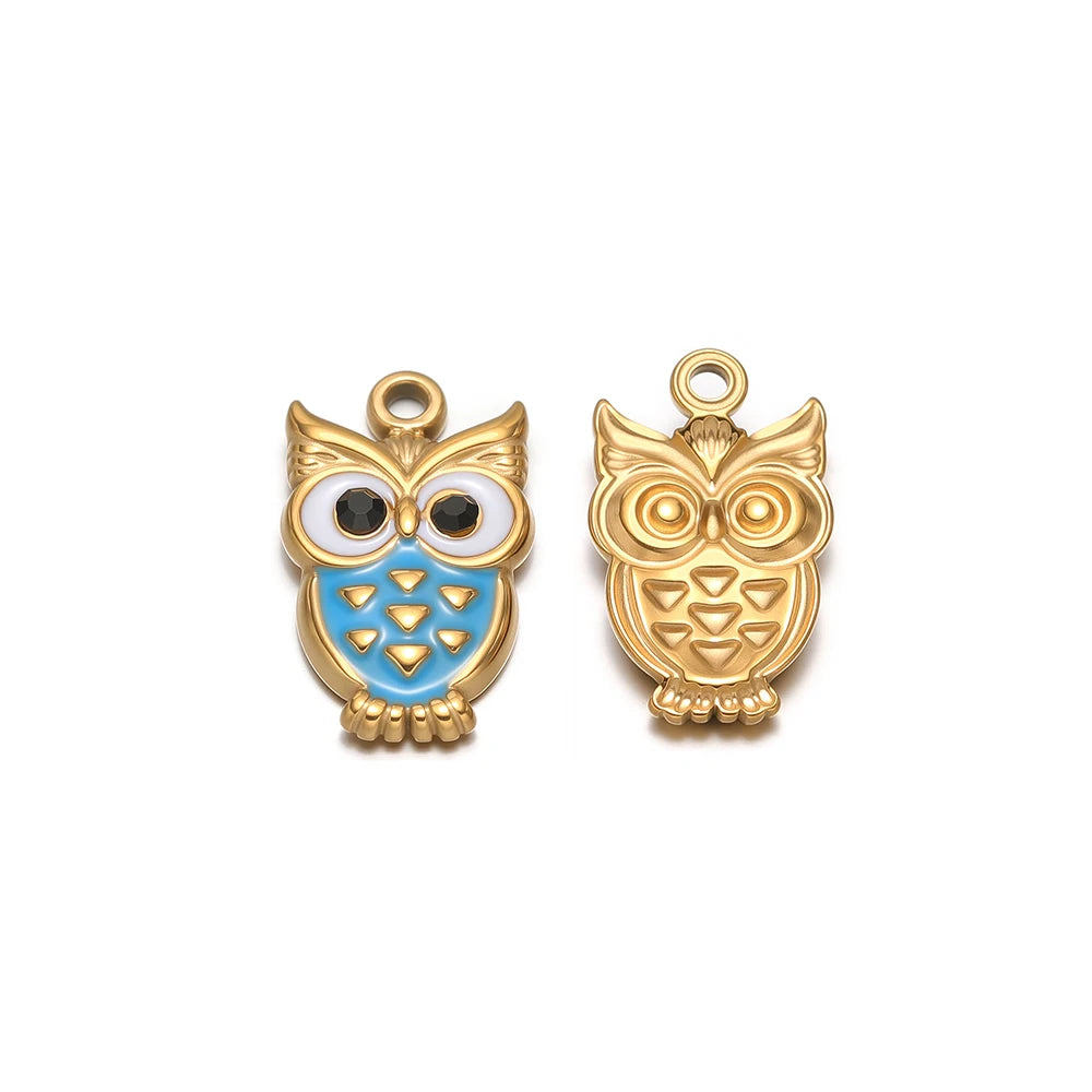 Gold-tone enamel owl charms, two pendants: one with blue belly, one plain gold back