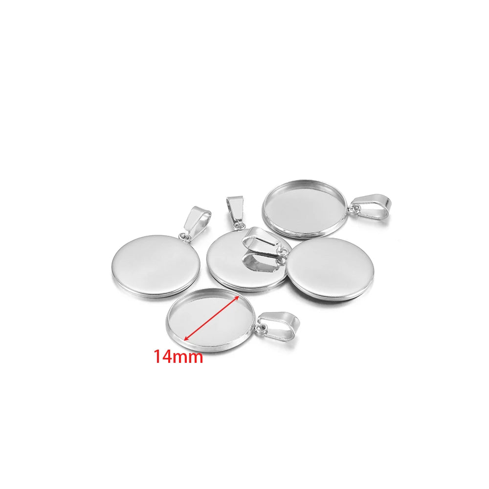 Round bezel cabochon settings, silver steel 14mm, with small loop bails (10-pack)
