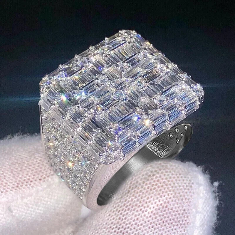 Silver-tone geometric cocktail ring with rectangular baguette cubic zirconia sparkle